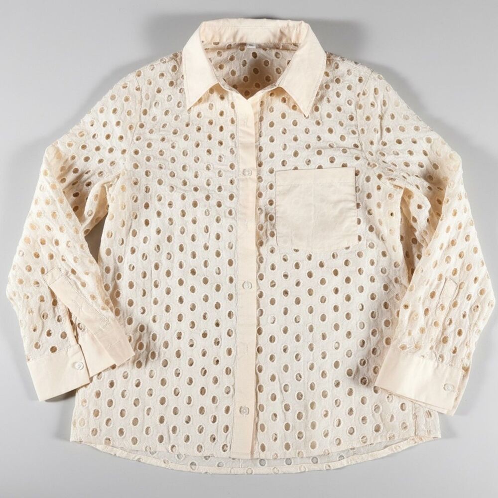 NWT Fisoew Yellow Eyelet Button Front Blouse Women’s Long Sleeve Collared Top